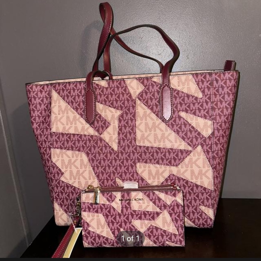 Michael Kors Burgundy and Light pink Tote Bag with matching wristlet wallet!